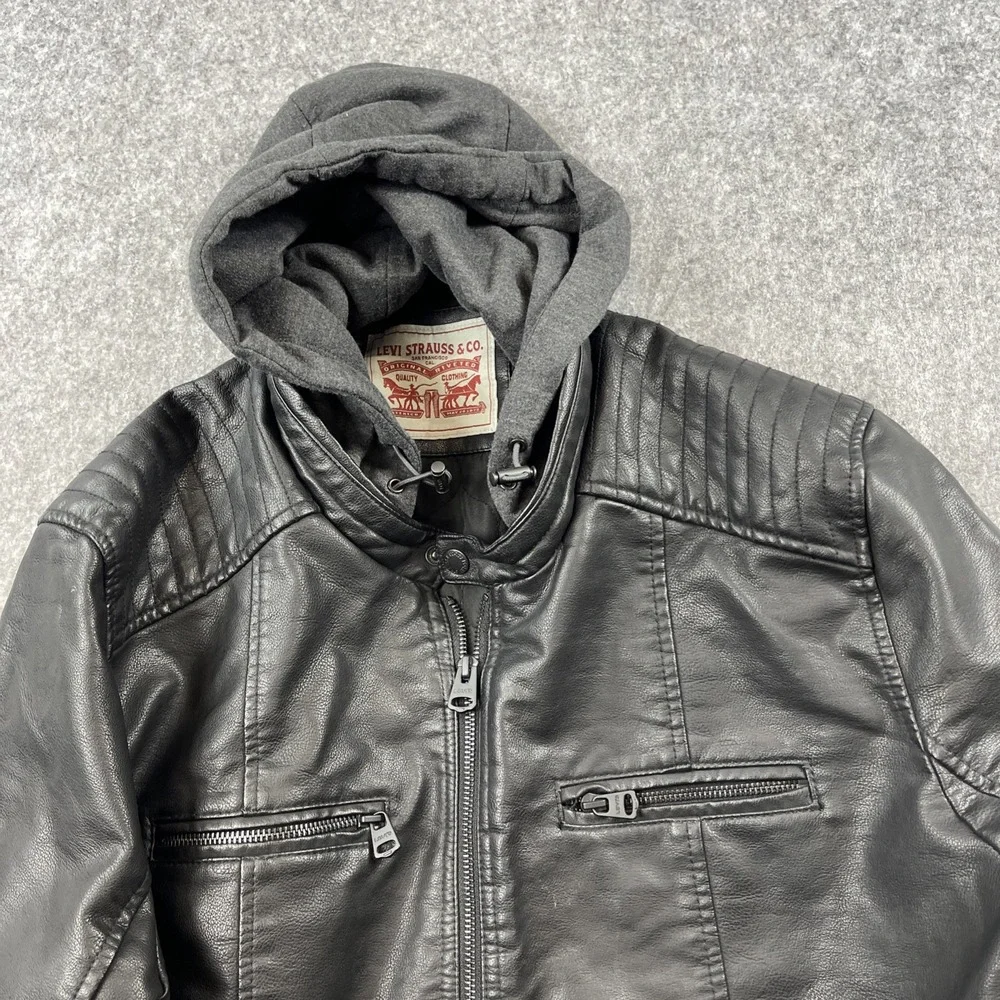 Men's Levi's Black Faux‎ Leather Hooded Racer Jacket XL NWT
